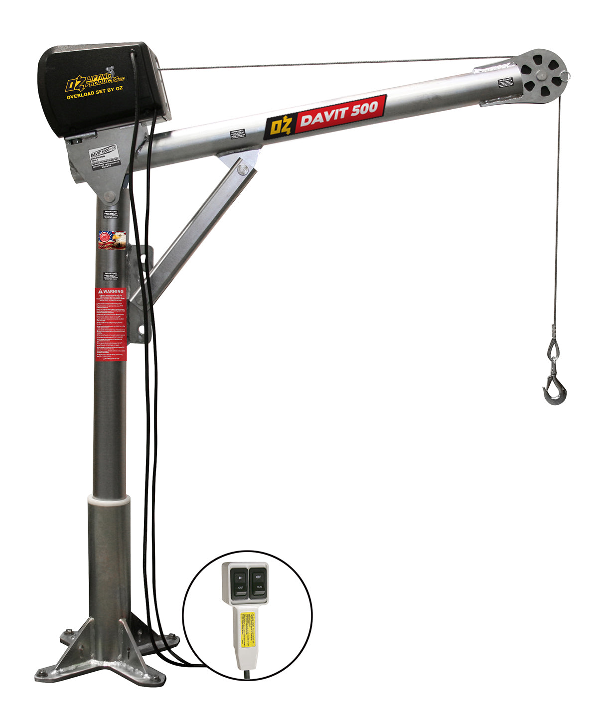 OZ Lifting Steel Davit Cranes– The Steel Davit Crane from OZ Lifting has 360 degree rotation and is available with lifting capacities of 500lbs, 1000lbs and 2500lbs. The zinc-plated davit crane has 4 different height adjustments for flexibility of use. The crane comes with a manual winch as standard which includes a power drill adapter. There are also AC and DC electric winch options. – Now available at MTN Shop US. - imagen 3