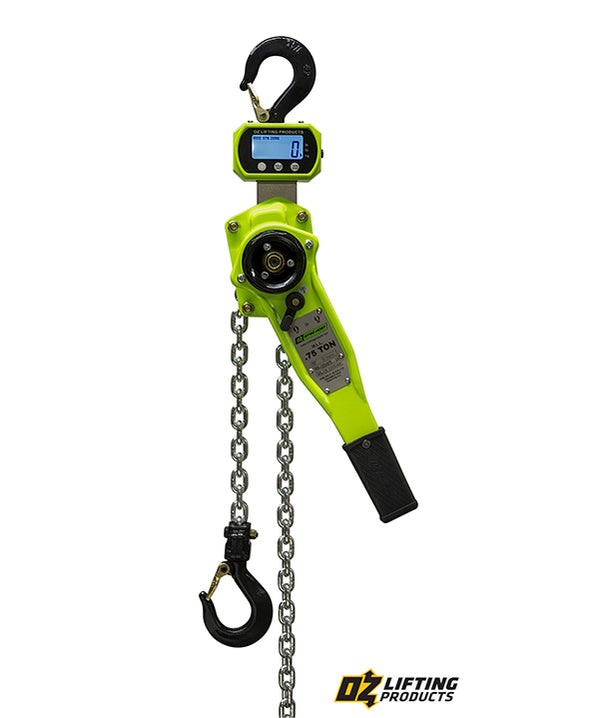 OZ Lifting Dyno-Hoist– The Oz Lifting Dyno-Hoist is a dynamometer equipped lever hoist that accurately displays the weight of the lifted load on the screen. As a safety feature the display will read "OVER" if the lifted weight exceeds 126% of the rated capacity of the hoist to prevent damages. The dynamometer can be set to display the weight in lbs or kgs and uses AA batteries with a run time of 150 hours. – Now available at MTN Shop US.