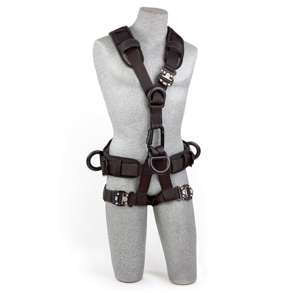 3M™ DBI-SALA® Exofit NEX™ Rope Access/Rescue Harness - Blackout - Front View with Lightweight Aluminum Front and Suspension D-rings, Body Belt/Hip Pad with Side D-rings and Quick Connect Chest and Leg Straps
