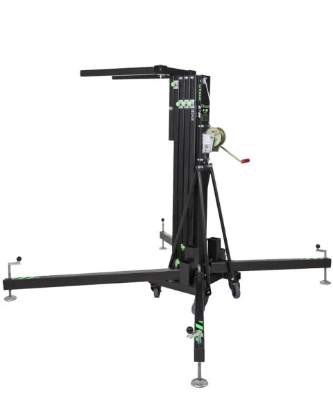 Kuzar Tower Lift K30– Weighing only 103kg the K-30 is capable of lifting 200kg to a height of 5m. The K-30 is a multipurpose tower for the elevation of Audio Systems, Line Array, truss structures, lighting systems, etc. The K-30 lifting tower is the lightest in the range. It is composed of 4 aluminum sections and a steel base provides stability, it comes with two extra lateral supports to provide more muscle when lifting P.A. In addition to four adjustable legs with non-slip rubber saucers. The 4 swivel whe